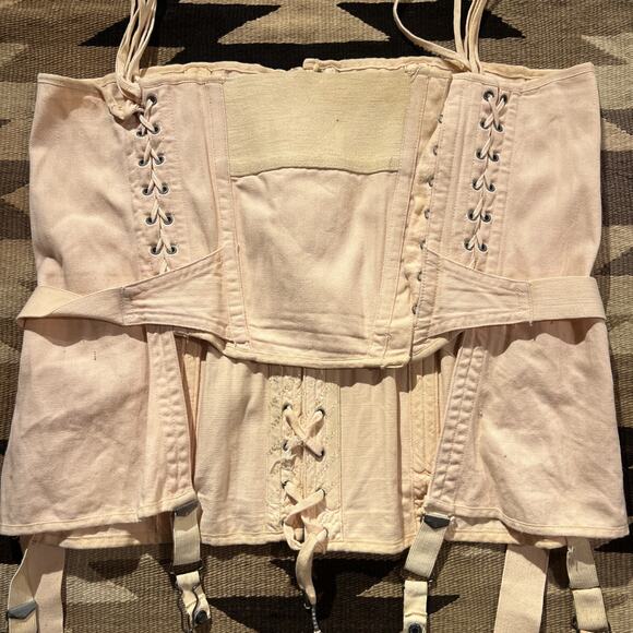 Vintage 1920's Camp Fan Lace Corset Peach Pink Antique Girdle Canvas Rare - Picture 13 of 16